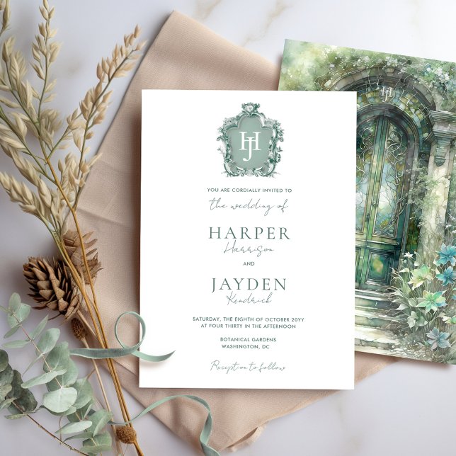 Green Monogram Timeless Elegant Watercolor Wedding Invitation (Creator Uploaded)
