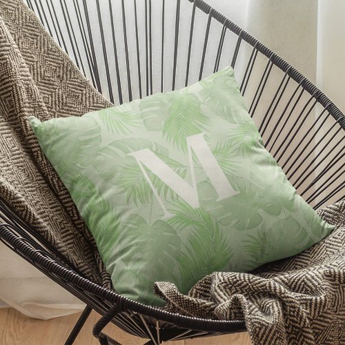 Green Monogram Tropical Palm Leaves Throw Pillow