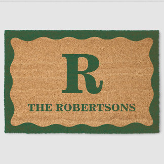 Green Monogram Wavy Border Coir Mat