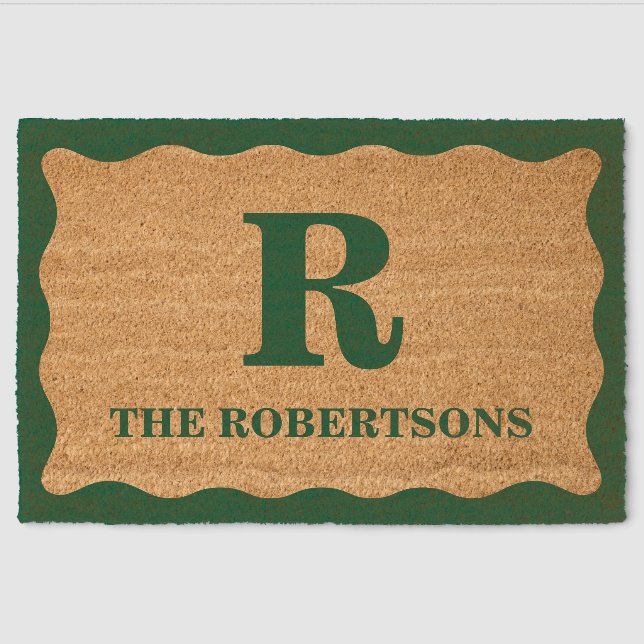 Green Monogram Wavy Border Coir Mat (Front)