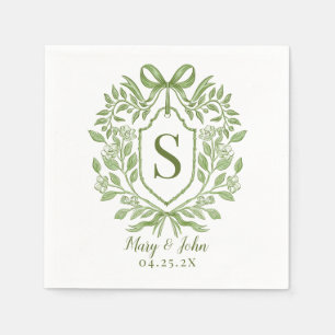 Green Monogram Wedding Cocktail Napkins with Bow