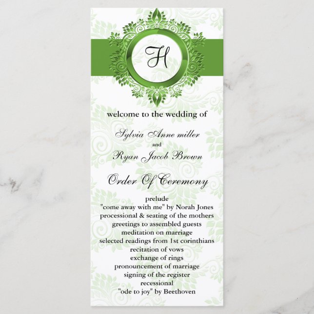 green monogram Wedding program (Front)