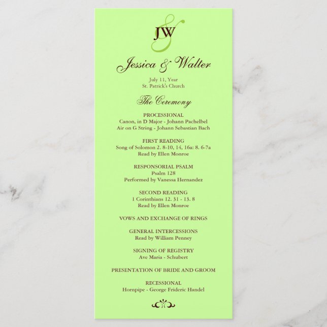 Green Monogram Wedding Program (Front)