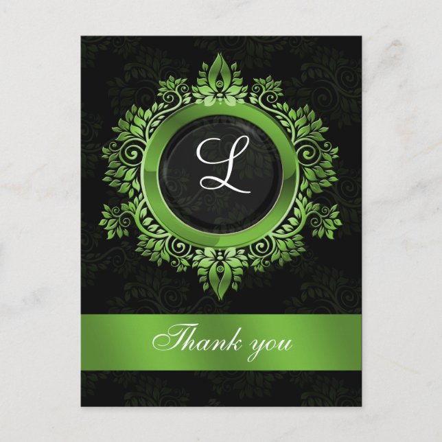 green monogram wedding thank you postcard (Front)