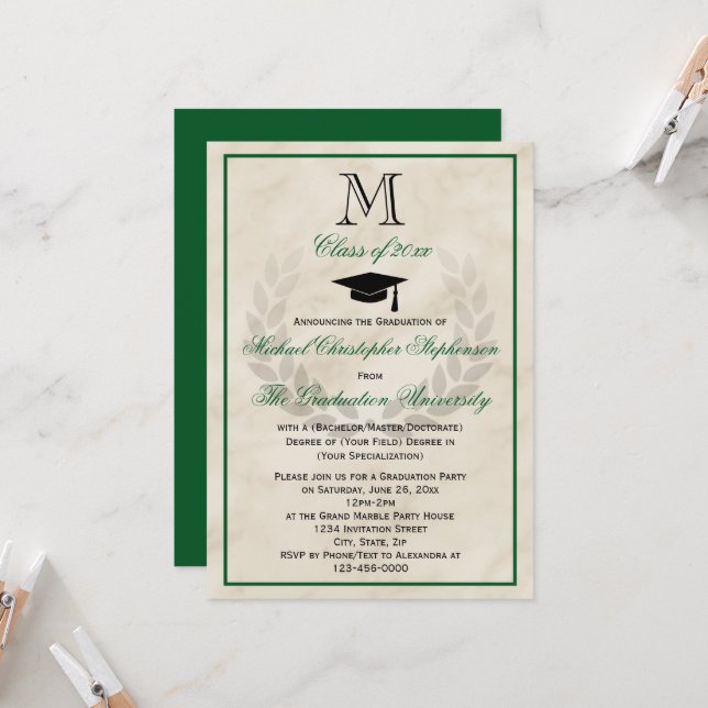 Green Monogram Wreath Classic College Graduation Invitation (Front/Back In Situ)