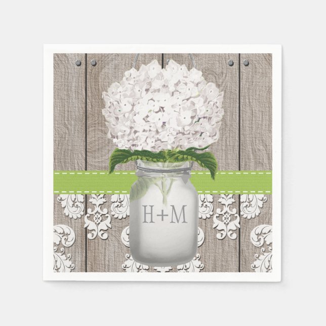 Green Monogrammed Hydrangea Mason Jar Paper Napkins (Front)