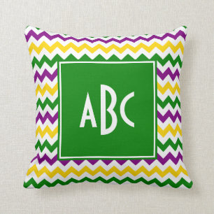 Green Monogrammed Mardi Gras Zigzag Throw Pillow