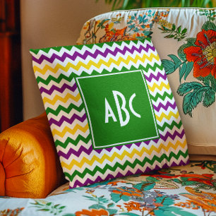 Green Monogrammed Mardi Gras Zigzag Throw Pillow