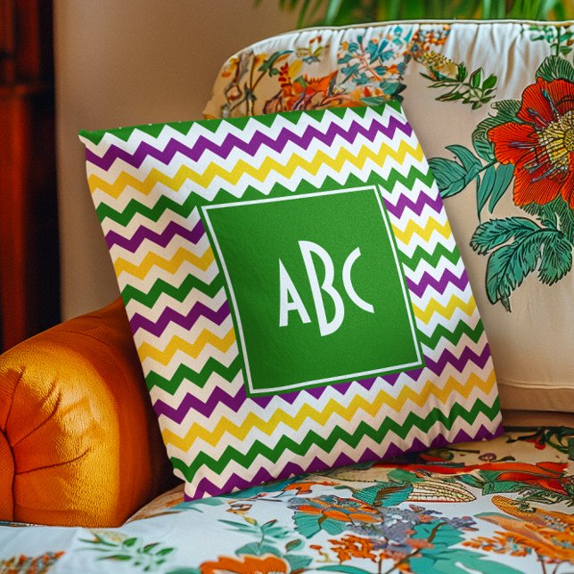 Green Monogrammed Mardi Gras Zigzag Throw Pillow (Green Monogrammed Mardi Gras Zigzag Throw Pillow)