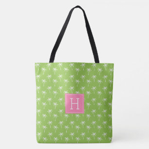 Green Monogrammed Palm Trees Pattern Tote Bag