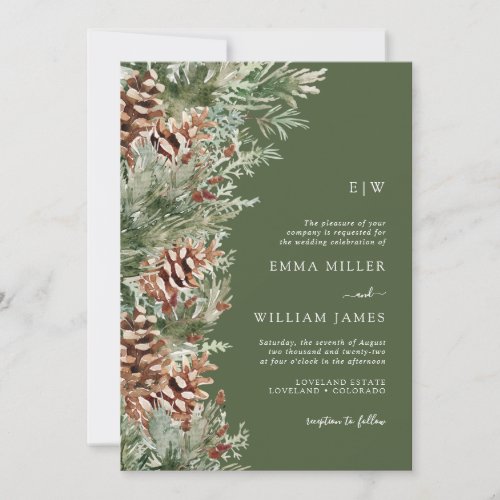 Green Monogrammed Pine Wedding Invitation