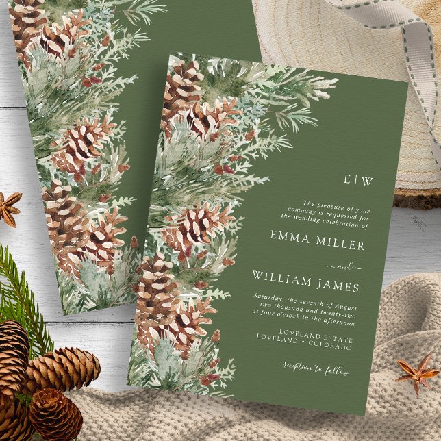 Green Monogrammed Pine Wedding Invitation (Mountain Hunter Green Monogrammed Evergreen Wedding Invitation by Painted Paperie
)