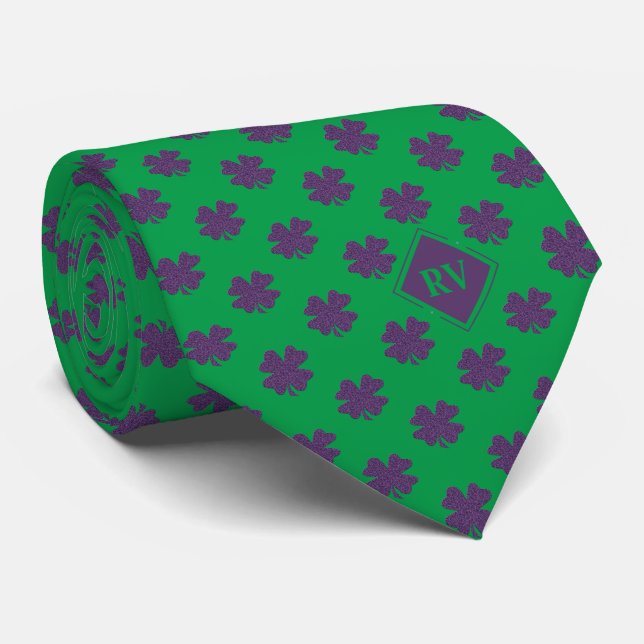 Green Monogrammed Purple Shamrock Pattern Neck Tie (Rolled)