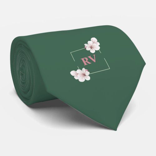 Green Monogrammed Wild Cherry Blossom Neck Tie