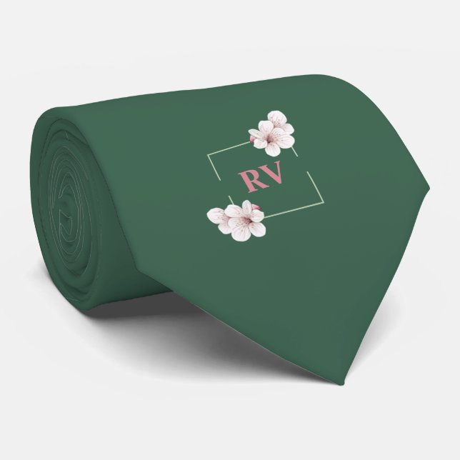 Green Monogrammed Wild Cherry Blossom Neck Tie (Rolled)