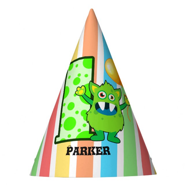 Green Monster 1st Birthday Custom Party Hat (Front)