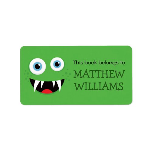 Green monster book label name tag for kids