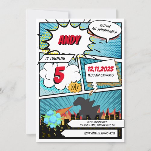 Green Monster Comic Superhero Birthday Invitation