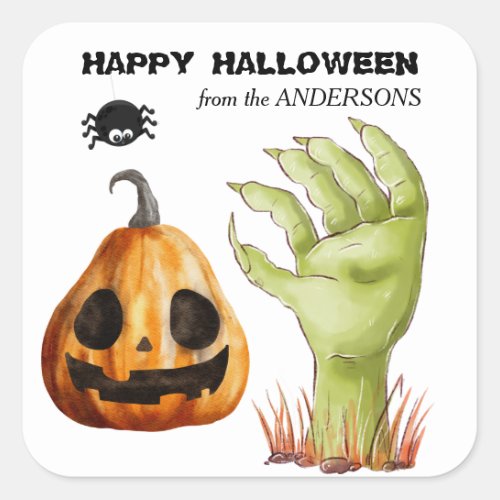 Green Monster Hand Jack o Lantern Square Sticker