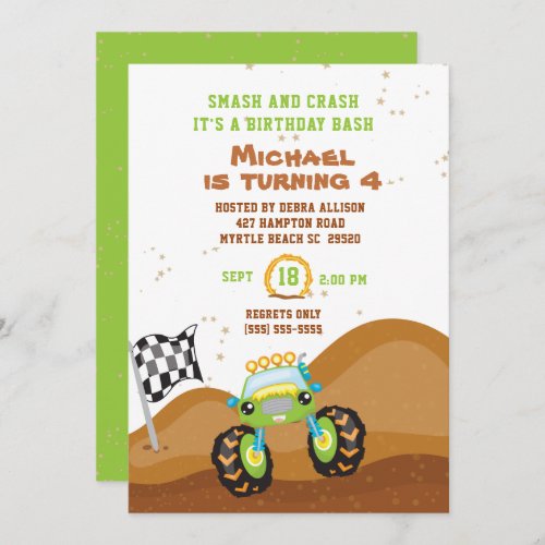 Green Monster Truck 4th Birthday Racing   Invitation