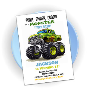 Green Monster Truck Birthday Invitations