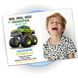 Green Monster Truck Birthday Invitations Photo