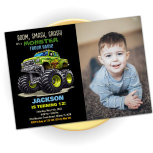 Green Monster Truck Birthday Invitations Photo