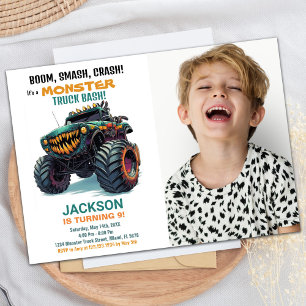 Green Monster Truck Birthday Invitations Photo