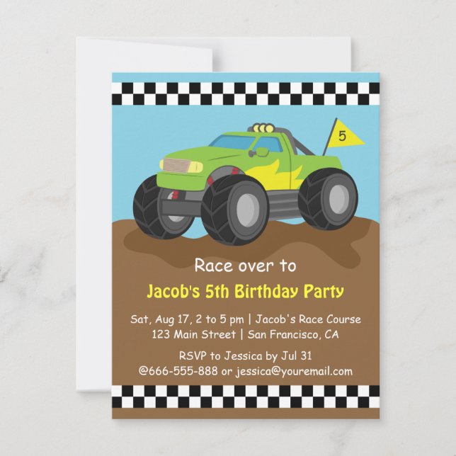 Green Monster Truck Birthday Party Invitation (Front)