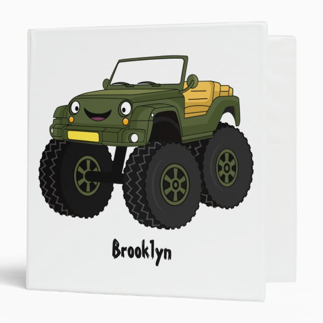 Green monster truck cartoon illustration 3 ring binder (Front/Inside)