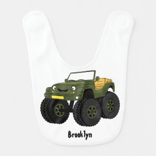 Green monster truck cartoon illustration baby bib