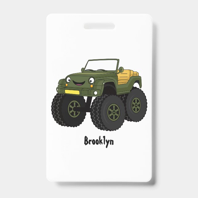 Green monster truck cartoon illustration badge (Front)