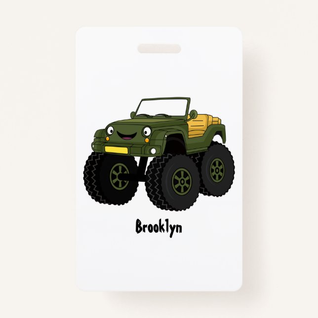 Green monster truck cartoon illustration badge (Front)