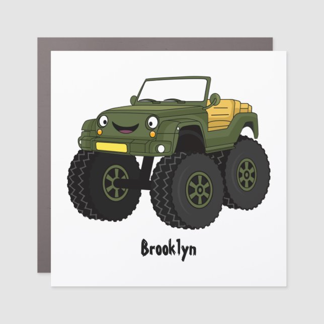 Green monster truck cartoon illustration car magnet (Front)