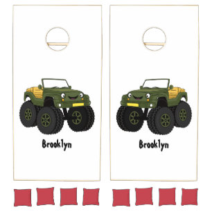Green monster truck cartoon illustration cornhole set