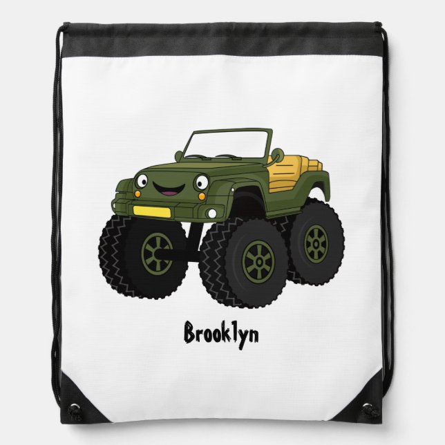 Green monster truck cartoon illustration drawstring bag (Front)
