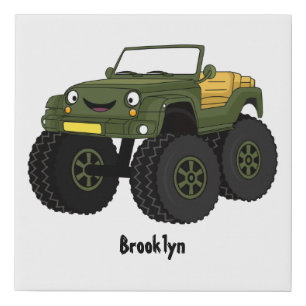 Green monster truck cartoon illustration faux canvas print