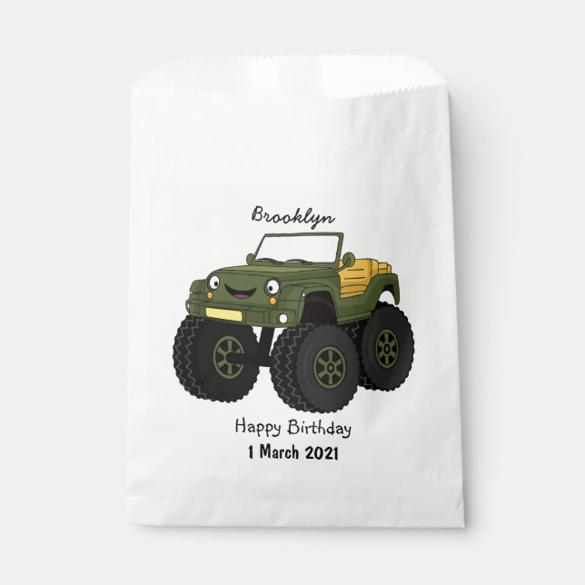 Green monster truck cartoon illustration favor bag (Front)
