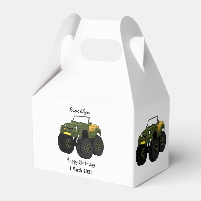 Green monster truck cartoon illustration favor boxes (Front Side)