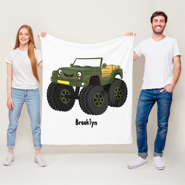 Green monster truck cartoon illustration fleece blanket (In Situ)