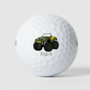 Green monster truck cartoon illustration golf balls