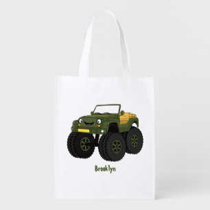 Green monster truck cartoon illustration grocery bag