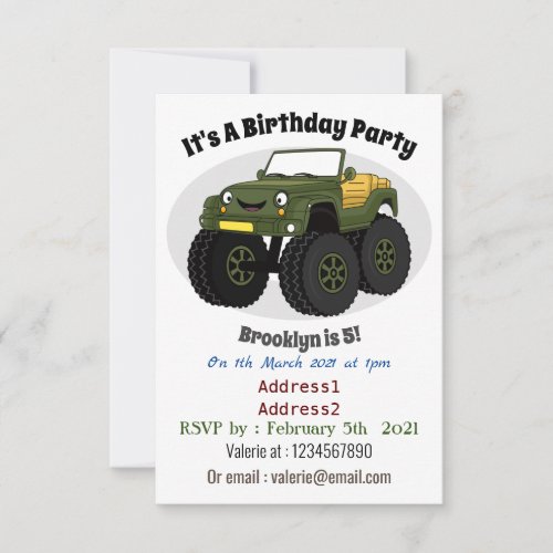 Green monster truck cartoon illustration invitation