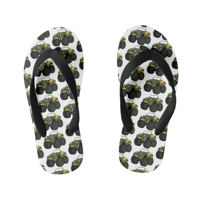 Green monster truck cartoon illustration  kid's flip flops (Footbed)