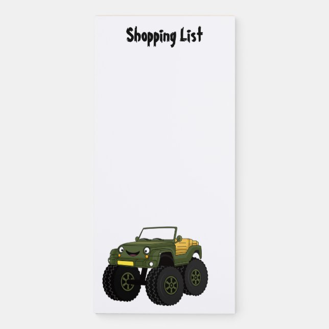 Green monster truck cartoon illustration magnetic notepad (Front)