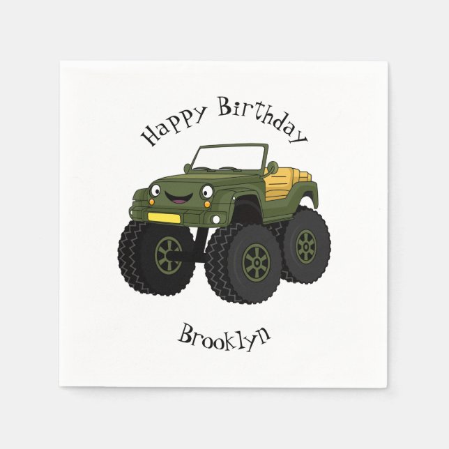 Green monster truck cartoon illustration napkins (Front)