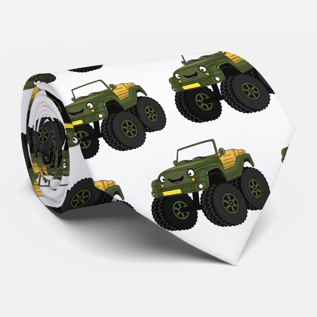 Green monster truck cartoon illustration neck tie (Rolled)