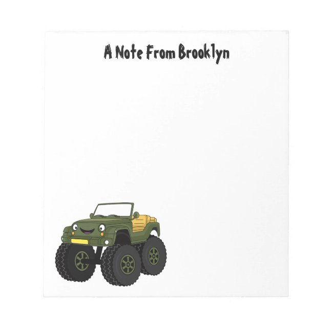 Green monster truck cartoon illustration notepad (Front)