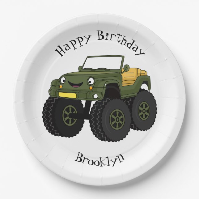 Green monster truck cartoon illustration paper plates (Front)