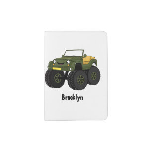 Green monster truck cartoon illustration passport holder